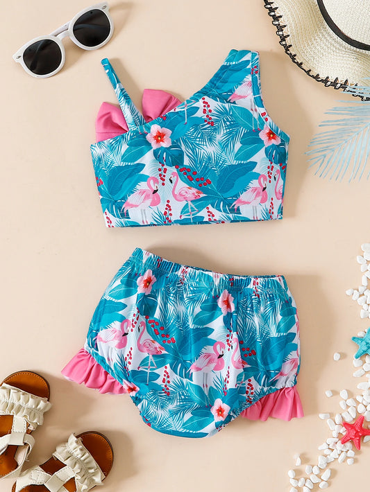 Summer Toddler Girls Swimwear 1-3Y Flamingo Tropical Print 2Pcs Bikini Set with Bow Ruffle Hem Kids Beachwear