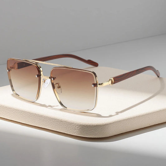 Fashion Oversized Metal Sunglasses Men Classic Wood Grain Sun Glasses Male Vintage Outdoor Driving Shades