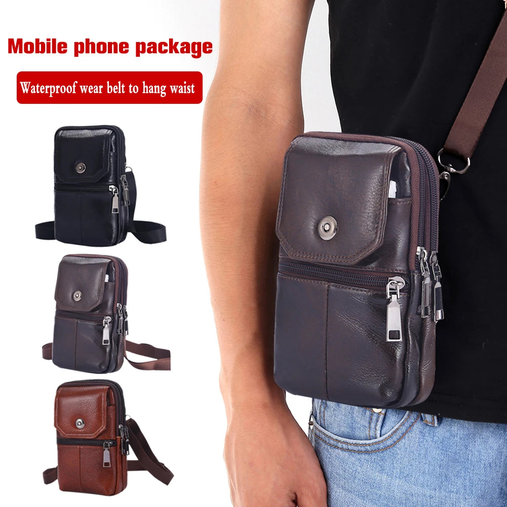 Cowhide Leather Bags Solid Color 7.5Inch Phone Shoulder Bags Men Waterproof Purse Bag Built in Card Pockets for Travel Shopping