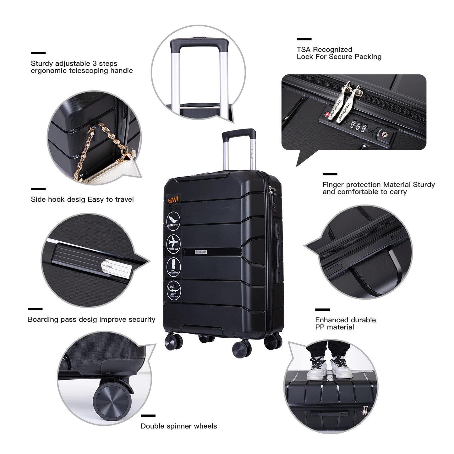Hardshell Suitcase Spinner Wheels PP Luggage Sets Lightweight Suitcase with TSA Lock, 3-Piece Set (20/24/28)