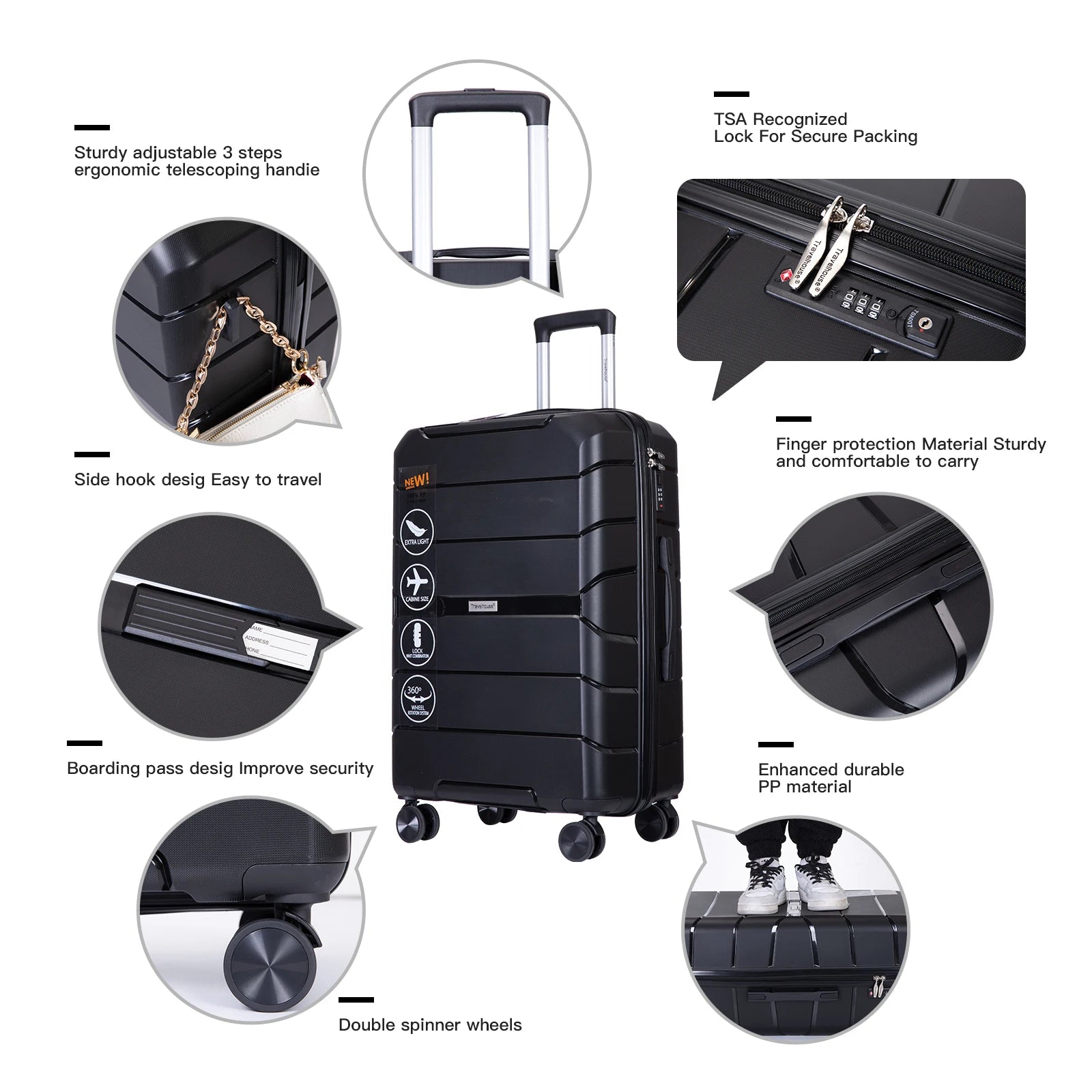 Hardshell Suitcase Spinner Wheels PP Luggage Sets Lightweight Suitcase with TSA Lock, 3-Piece Set (20/24/28)