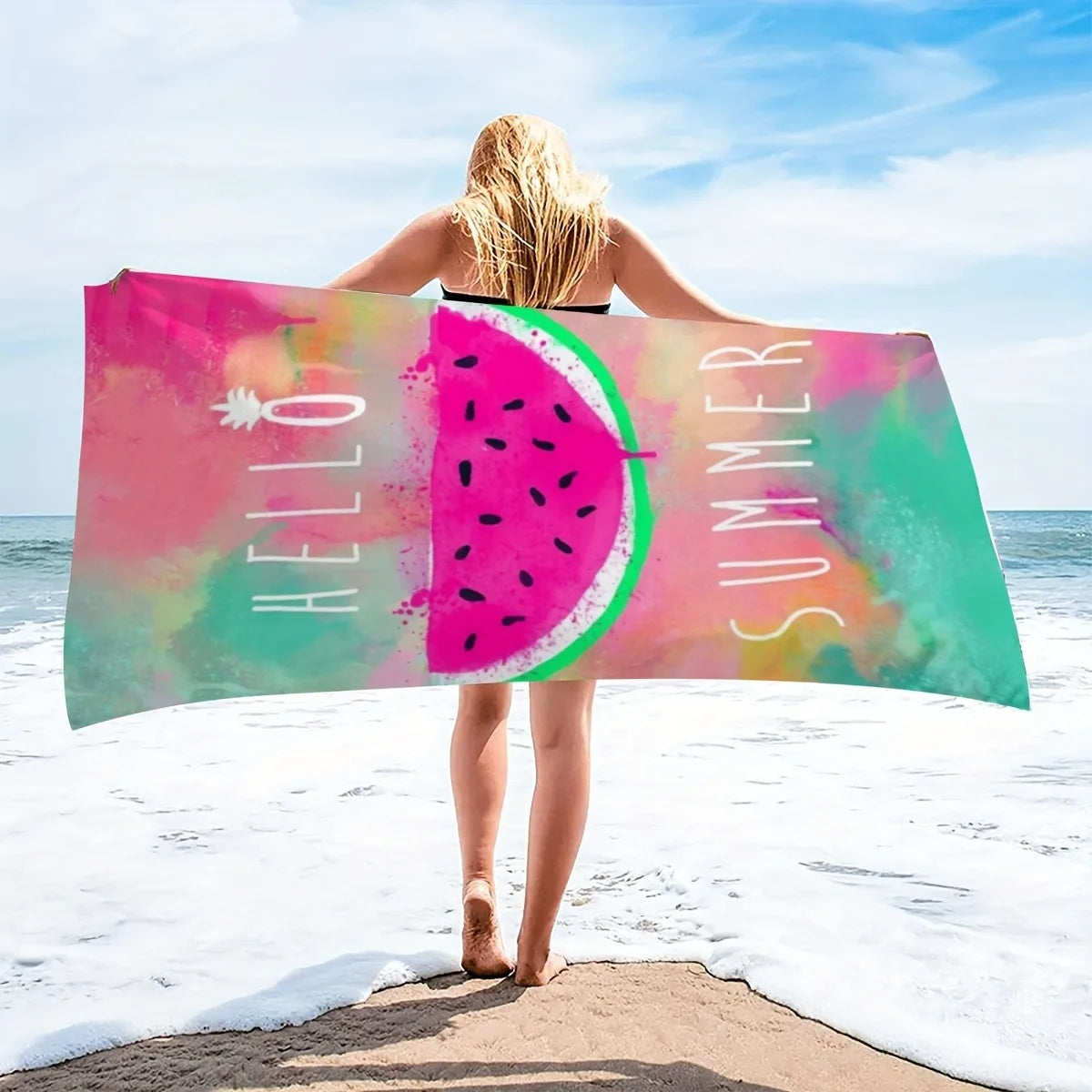 Hello Summer Watermelon-Print Beach Towel: Fun in the Sun! Suitable for Towels, Bath Towels, Beach Towels