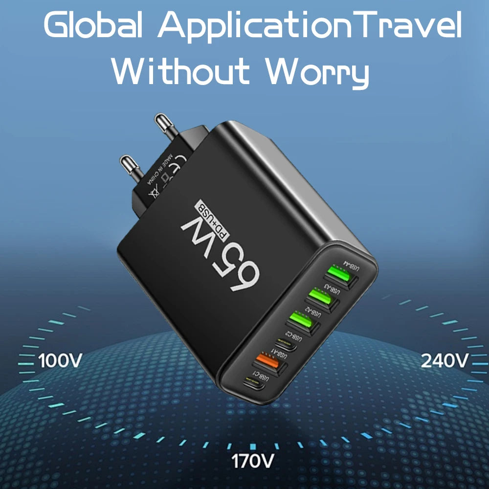 65W USB Multi-Ports Fast Charging Mobile Phone Charger for Iphone Xiaomi Samsung Quick Charge 3.0 Wall Adapters Travel Chargers