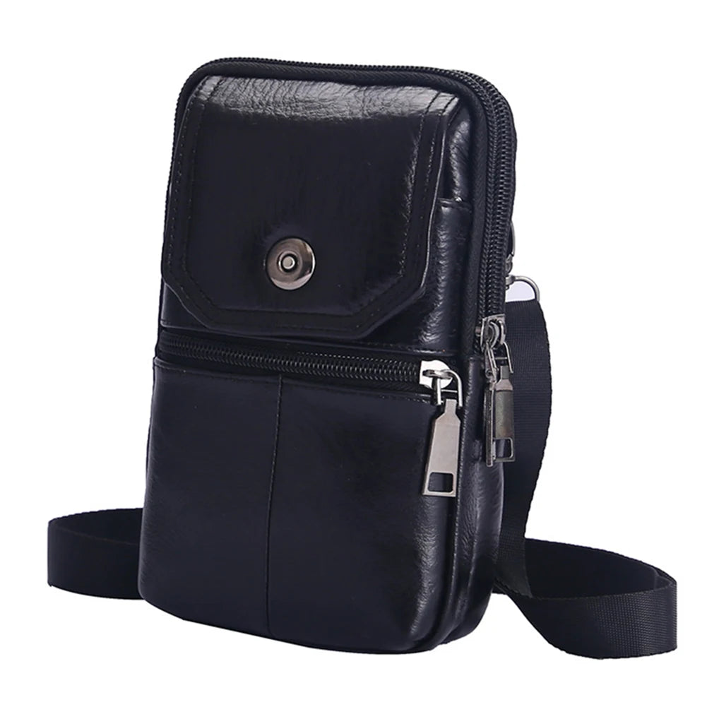 Cowhide Leather Bags Solid Color 7.5Inch Phone Shoulder Bags Men Waterproof Purse Bag Built in Card Pockets for Travel Shopping
