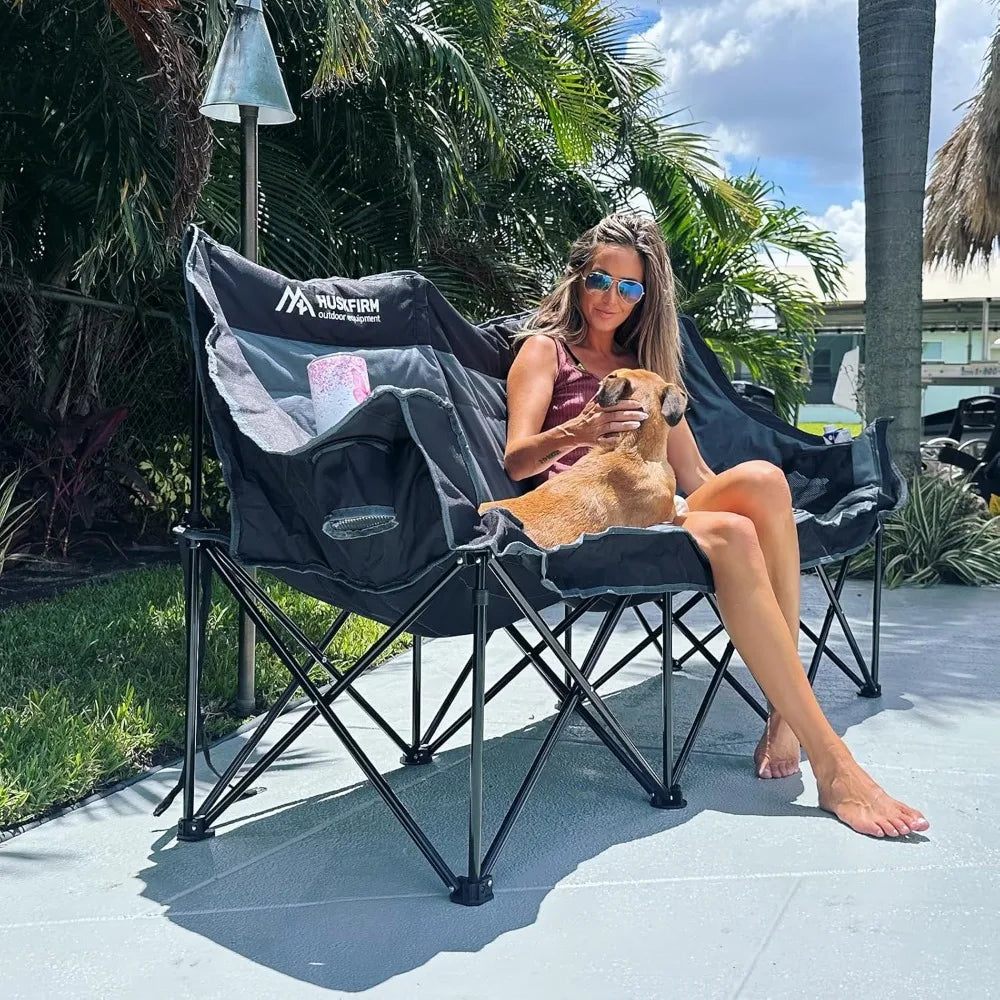 3 Person Camping Chairs Folding Double Camping Chair Portable Oversized Loveseat Padded Camp Chair Heavy Duty Camping Couch For