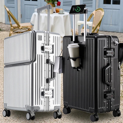 Suitcases Luggage Front Opening Cabin Luggage with USB Cup Holder Female Trolley Case Male Brake Wheel Traveling Bag Luggage