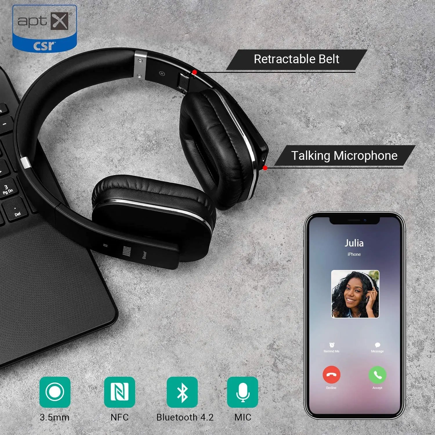 EP650 Bluetooth Wireless Headphones with Mic/Multipoint/Nfc over Ear Bluetooth 4.2 Stereo Music Aptx Headset for Tv,Phone