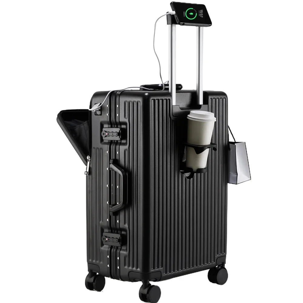 Suitcases Luggage Front Opening Cabin Luggage with USB Cup Holder Female Trolley Case Male Brake Wheel Traveling Bag Luggage