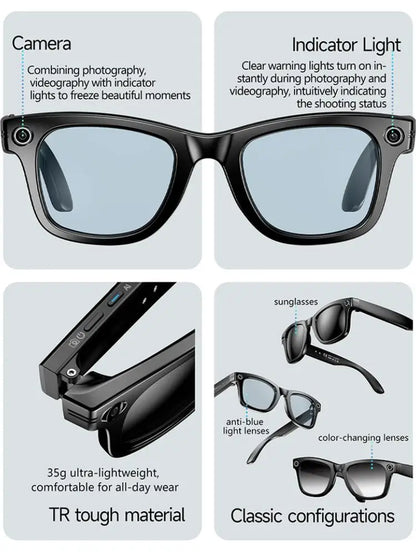 AI Smart Goggles TR Material Black 8MP Camera Bluetooth Phone Music Photochromatic