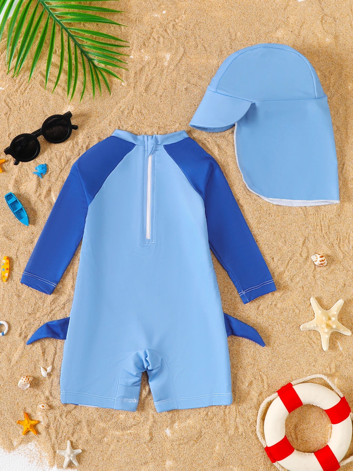 Baby Boy Summer Shark Print Long Sleeve Onesie Swimsuit with Hat Infant Swimwear Cover-Up Clothing Accessory