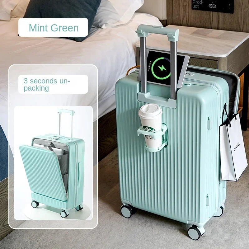 2024 New Suitcase Front Opening Luggage USB Laptop Bag Carry-On Travel Bags Rolling Cabin Suitcases 18" 22" 28 Inch Trolley Case