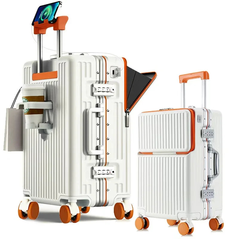 Suitcases Luggage Front Opening Cabin Luggage with USB Cup Holder Female Trolley Case Male Brake Wheel Traveling Bag Luggage