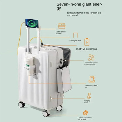 2024 New Suitcase Front Opening Luggage USB Laptop Bag Carry-On Travel Bags Rolling Cabin Suitcases 18" 22" 28 Inch Trolley Case