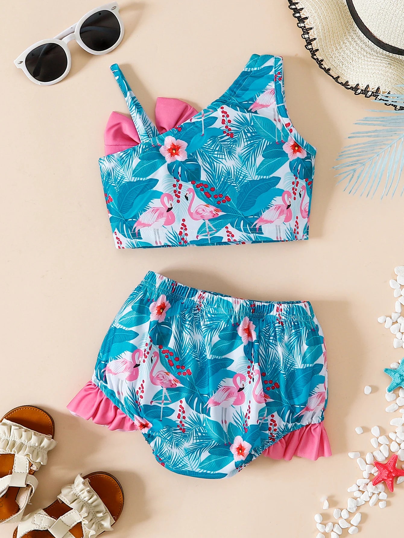 Summer Toddler Girls Swimwear 1-3Y Flamingo Tropical Print 2Pcs Bikini Set with Bow Ruffle Hem Kids Beachwear