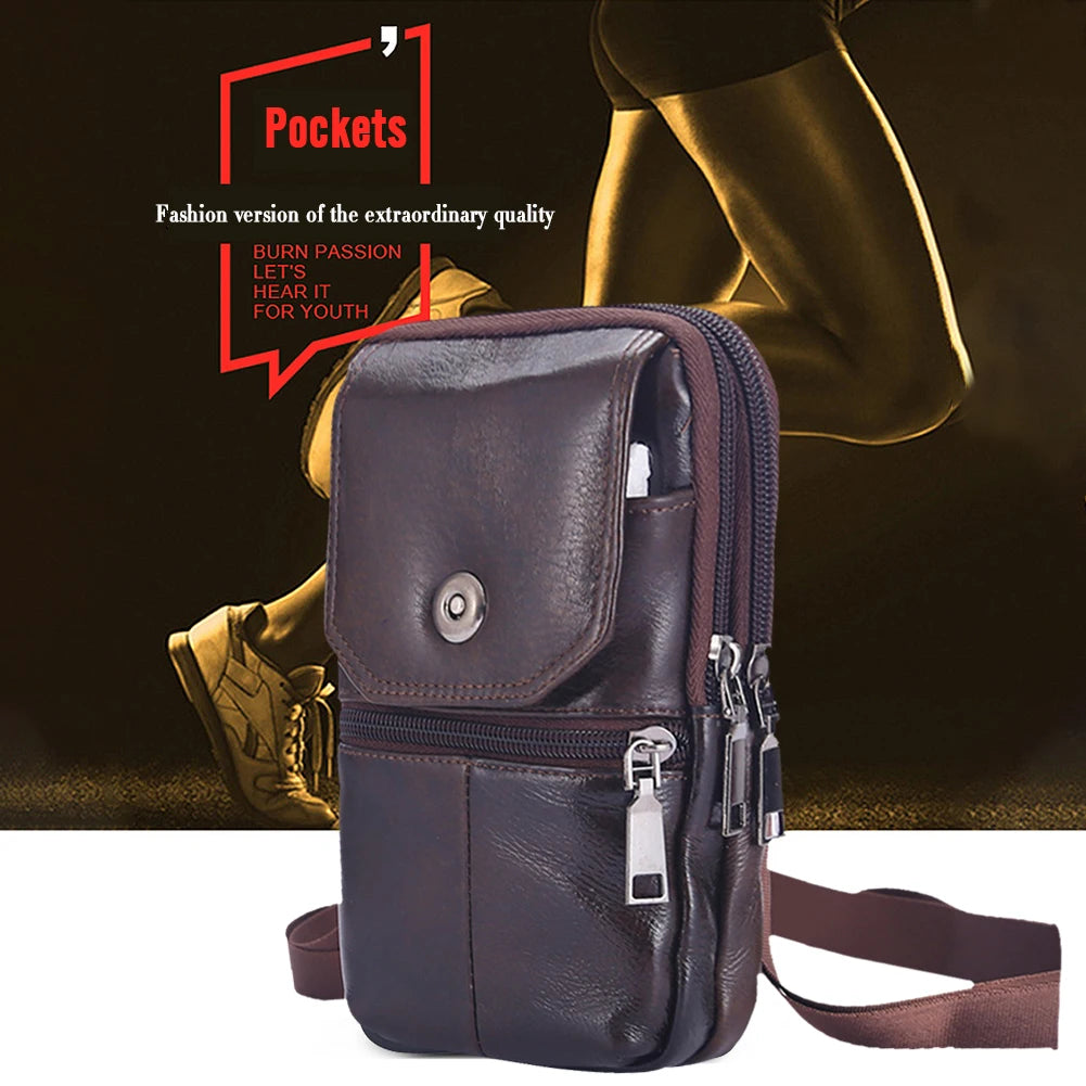 Cowhide Leather Bags Solid Color 7.5Inch Phone Shoulder Bags Men Waterproof Purse Bag Built in Card Pockets for Travel Shopping