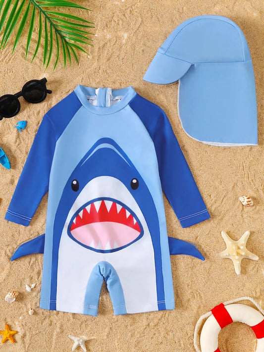 Baby Boy Summer Shark Print Long Sleeve Onesie Swimsuit with Hat Infant Swimwear Cover-Up Clothing Accessory