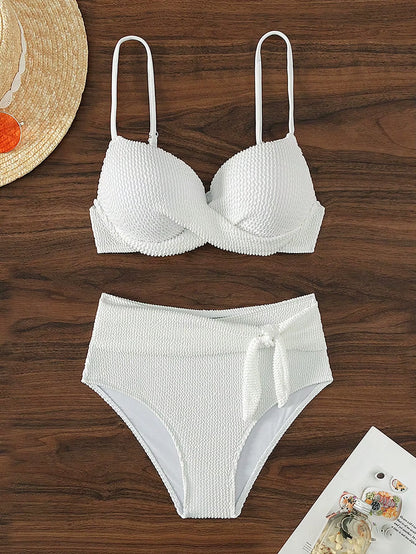 Women Two Pieces Padded Bikini Swimsuit Set Summer 2025 High Waist Push up Swimwear Bathing Suit Sexy White Beachwear