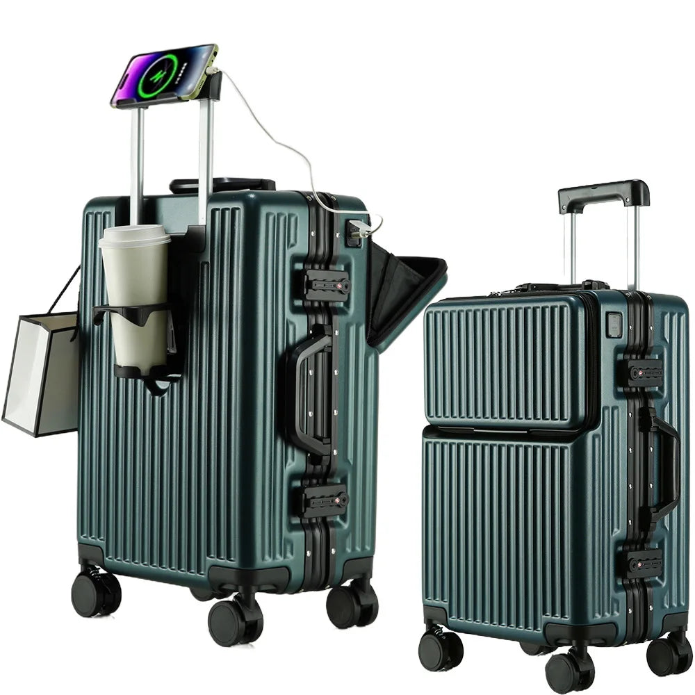 Suitcases Luggage Front Opening Cabin Luggage with USB Cup Holder Female Trolley Case Male Brake Wheel Traveling Bag Luggage