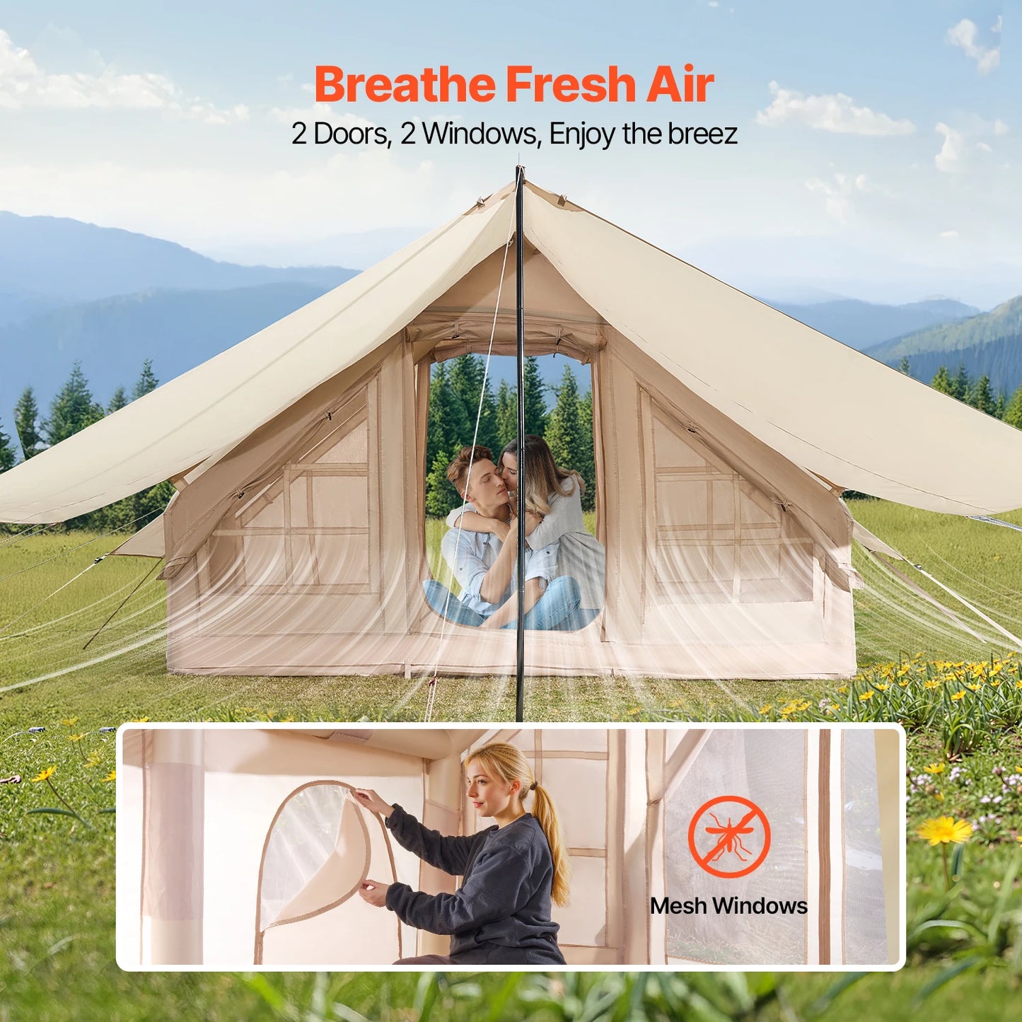 Inflatable Tents for Camp 3-5 Person Easy Setup Blow up Tent with Hand Pump 300D Oxford Tent with Doors & Mesh Windows