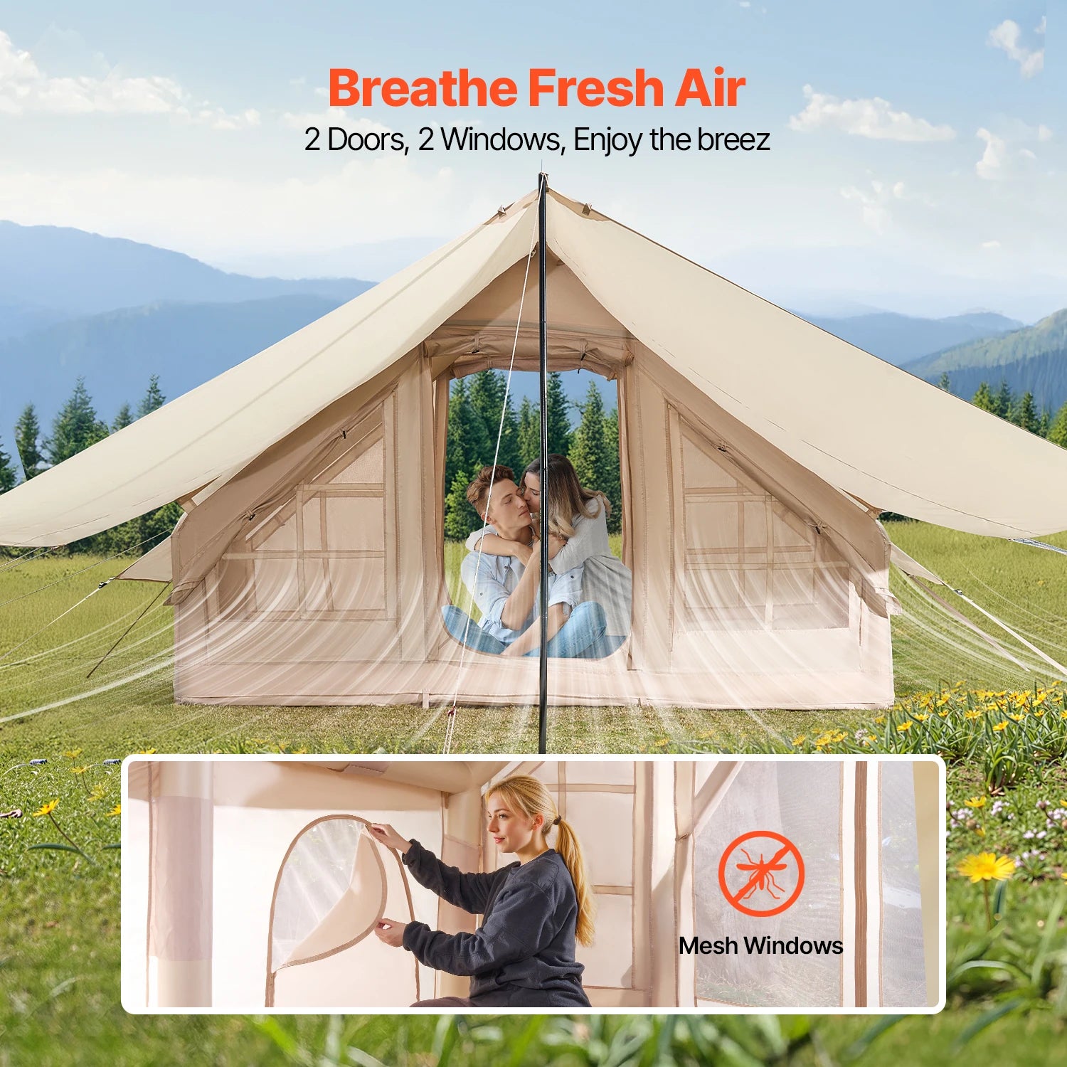 Inflatable Tents for Camp 3-5 Person Easy Setup Blow up Tent with Hand Pump 300D Oxford Tent with Doors & Mesh Windows