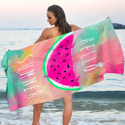 Hello Summer Watermelon-Print Beach Towel: Fun in the Sun! Suitable for Towels, Bath Towels, Beach Towels