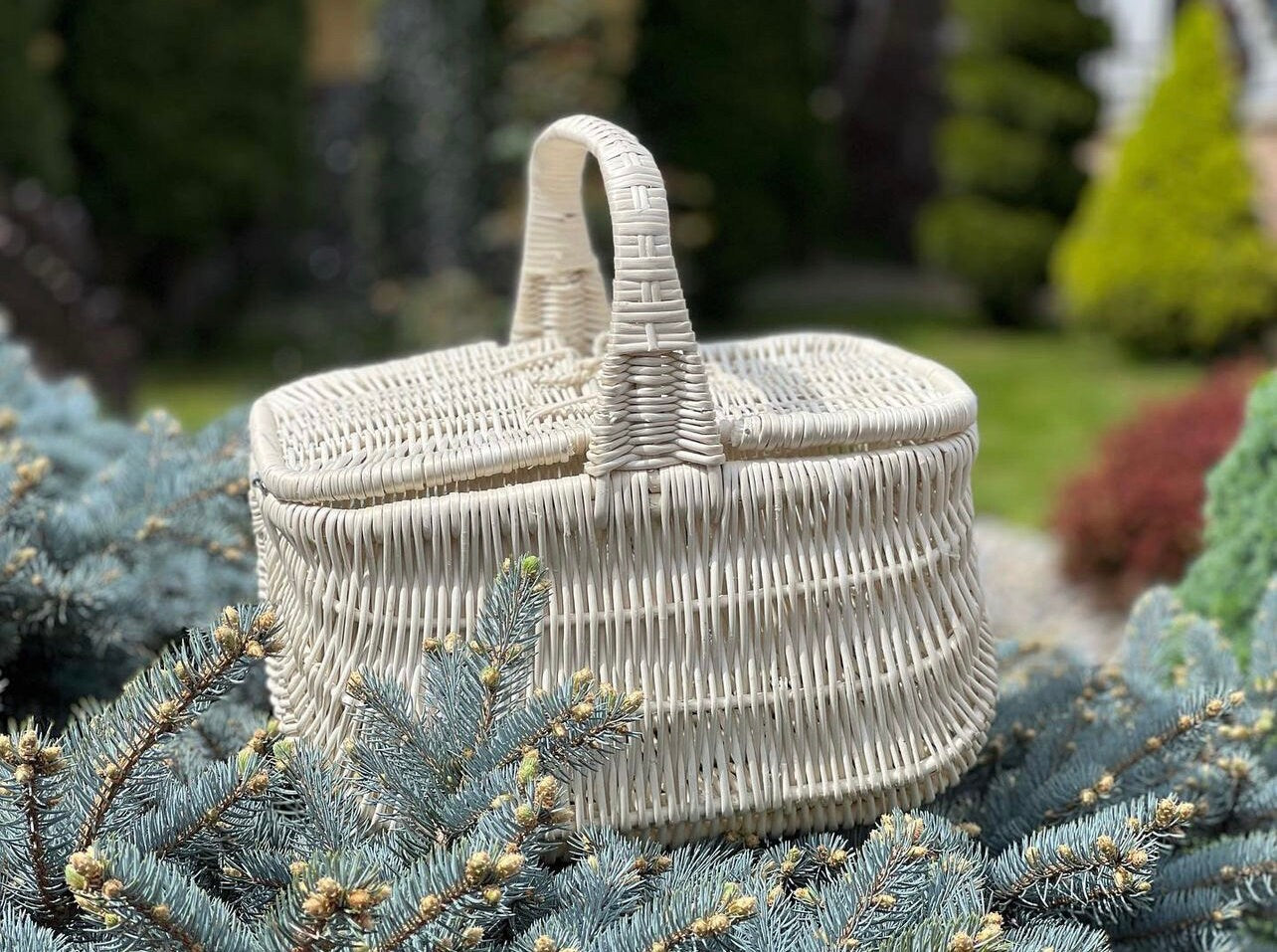 Wicker Basket, Rustic Basket, Wicker Organizer, Wine Picnic Basket, Picnic Basket, Wicker Basket with Lid, Wicker Easter Basket, Handmade