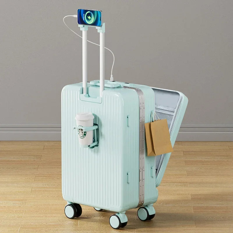 2024 New Suitcase Front Opening Luggage USB Laptop Bag Carry-On Travel Bags Rolling Cabin Suitcases 18" 22" 28 Inch Trolley Case