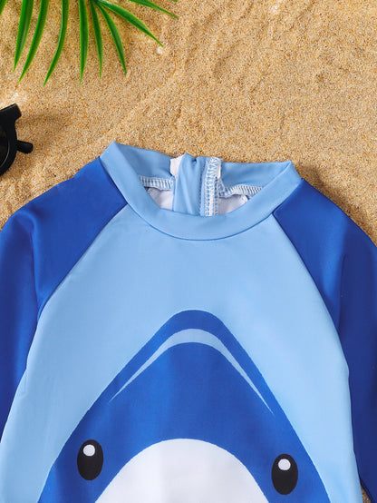 Baby Boy Summer Shark Print Long Sleeve Onesie Swimsuit with Hat Infant Swimwear Cover-Up Clothing Accessory