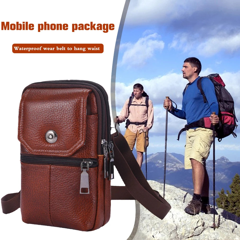 Cowhide Leather Bags Solid Color 7.5Inch Phone Shoulder Bags Men Waterproof Purse Bag Built in Card Pockets for Travel Shopping
