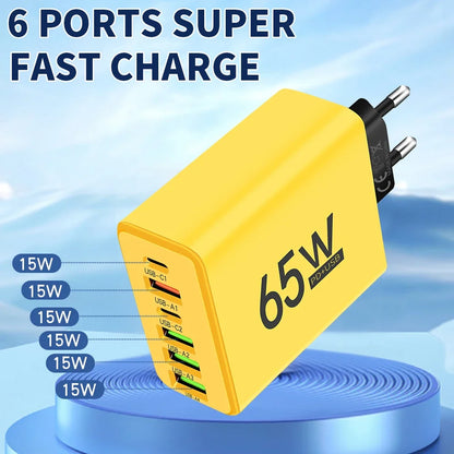 65W USB Multi-Ports Fast Charging Mobile Phone Charger for Iphone Xiaomi Samsung Quick Charge 3.0 Wall Adapters Travel Chargers